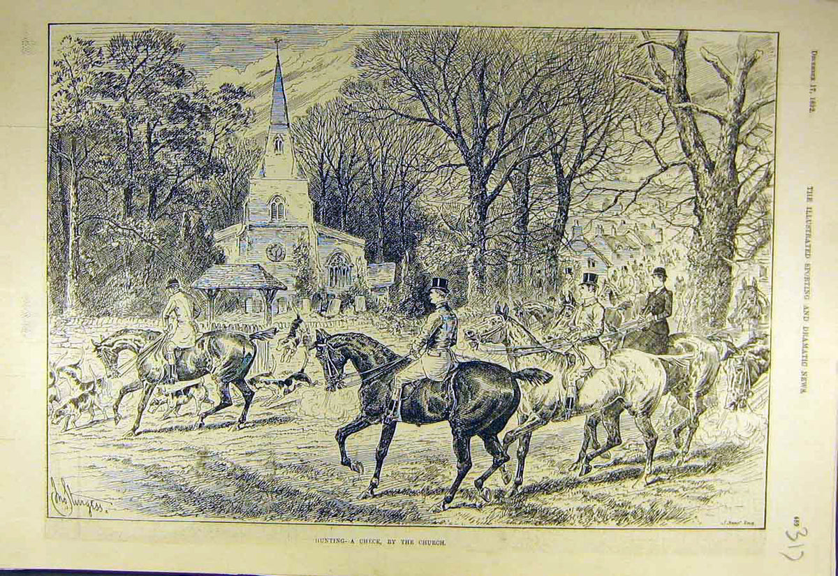 Original Old Antique Print 1892 Hunting Church Meet Check Hunt Hunters Hounds