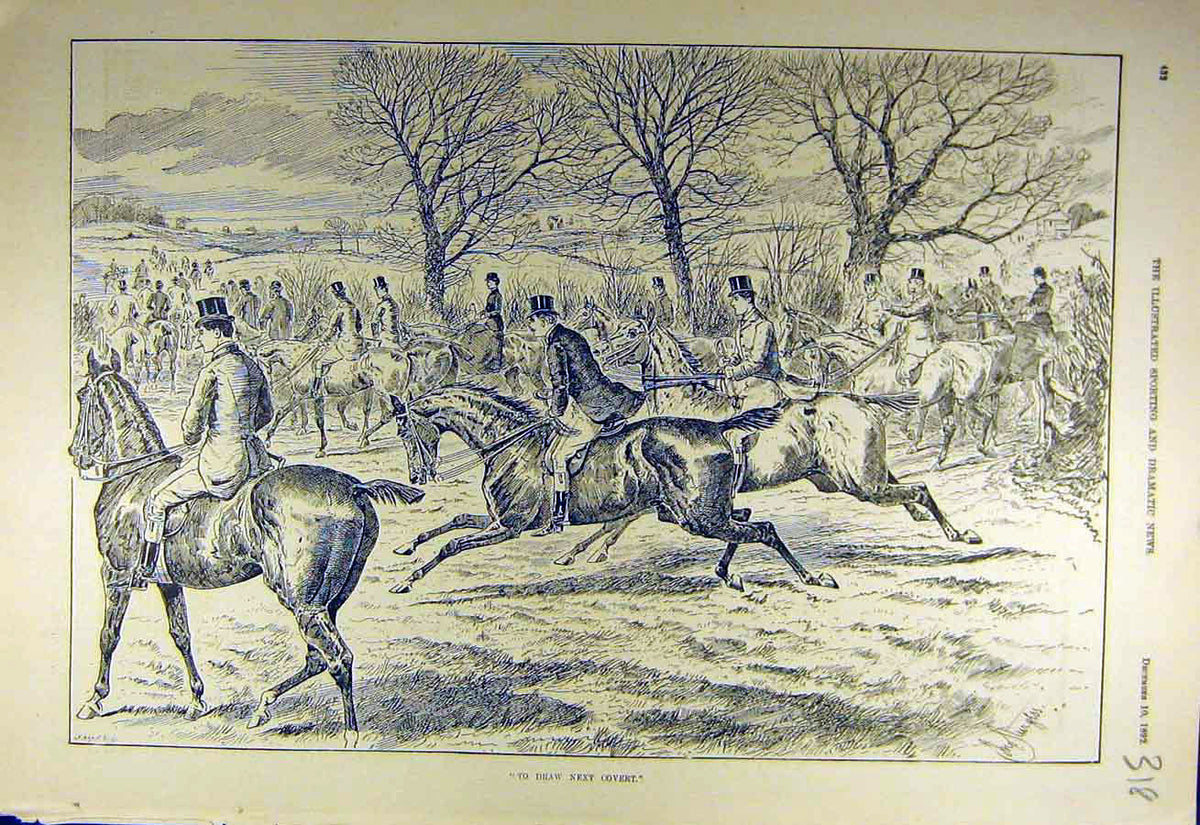 Original Old Antique Print 1892 Covert Hunters Hunt Riders Horses Hunting 19th