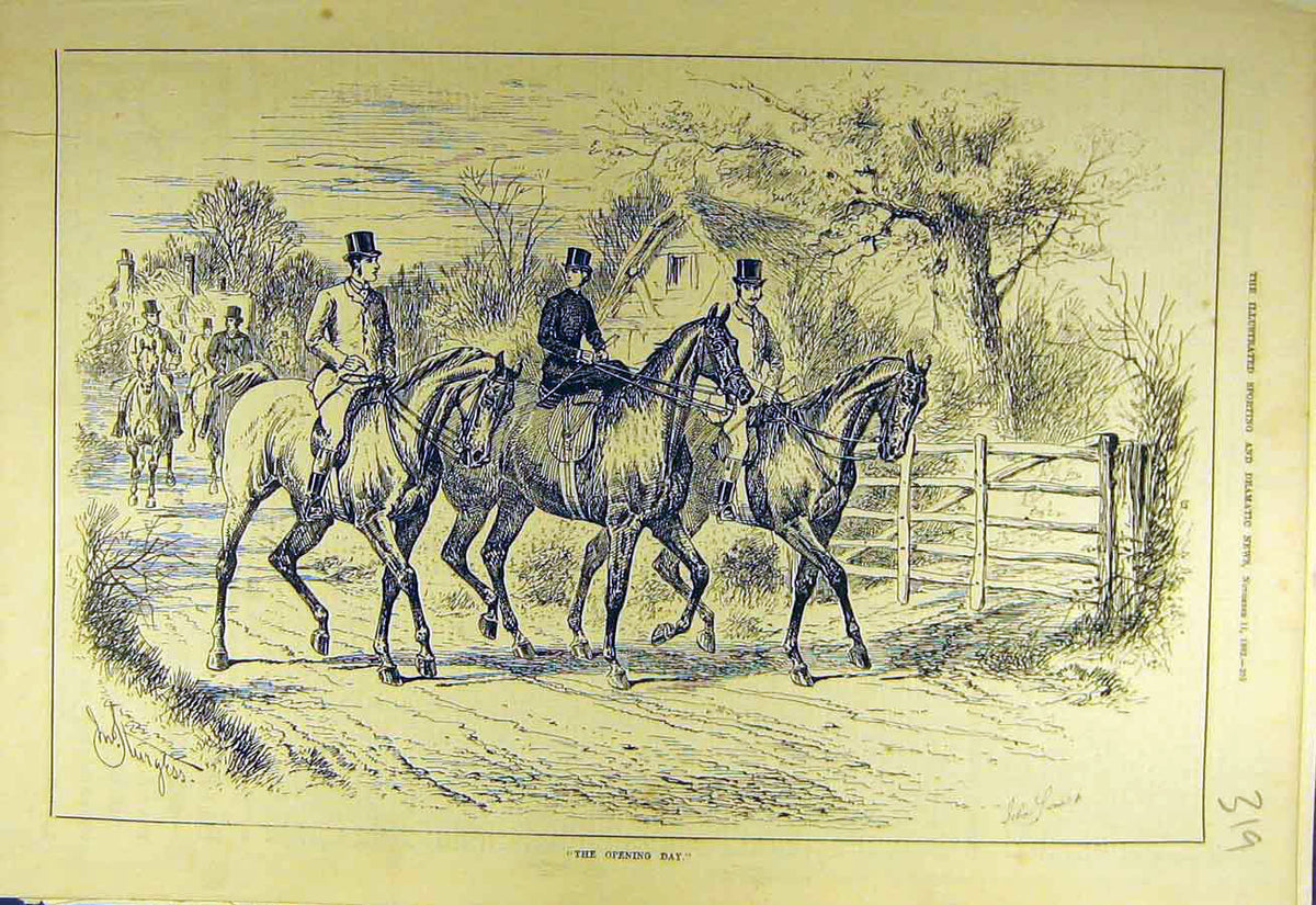 Original Old Antique Print 1882 Hunters Opening-Day Hunt Riders Horses Sketch