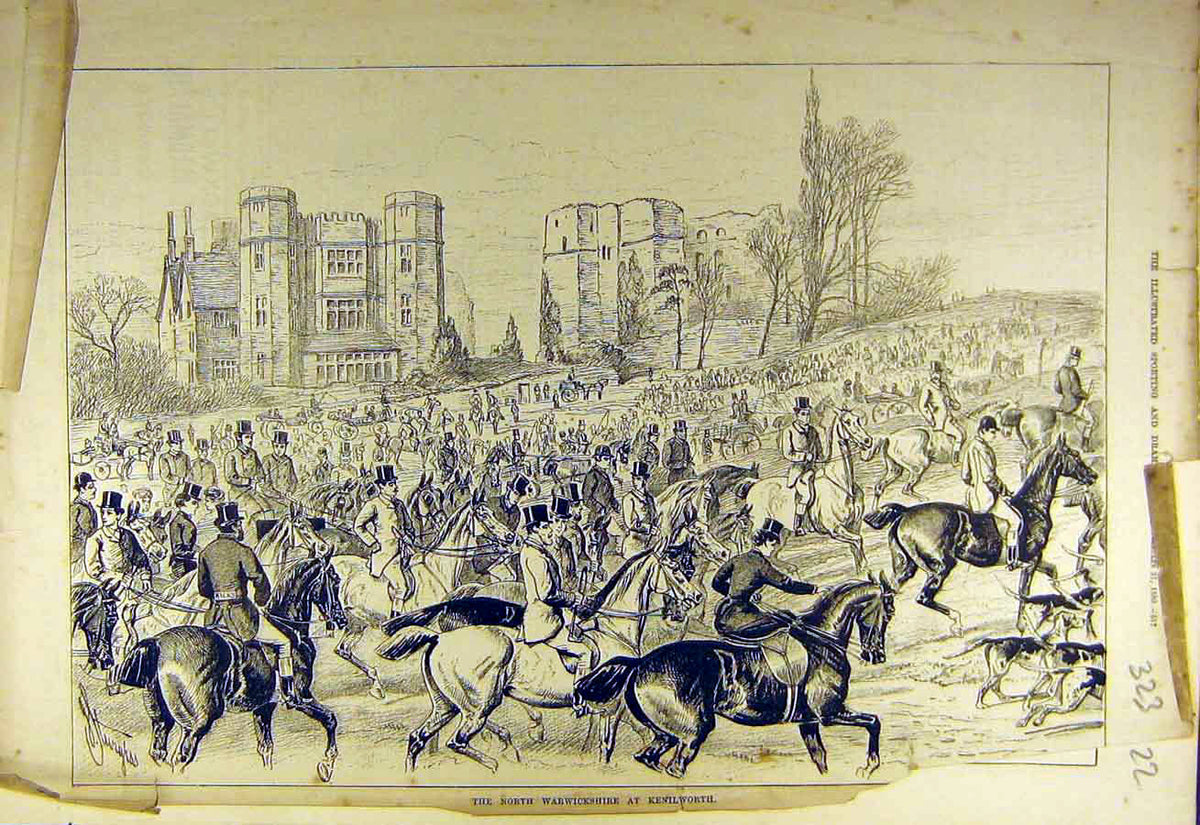 Original Old Antique Print 1880 North-Warwickshire Kenilworth Hunt Meet 19th
