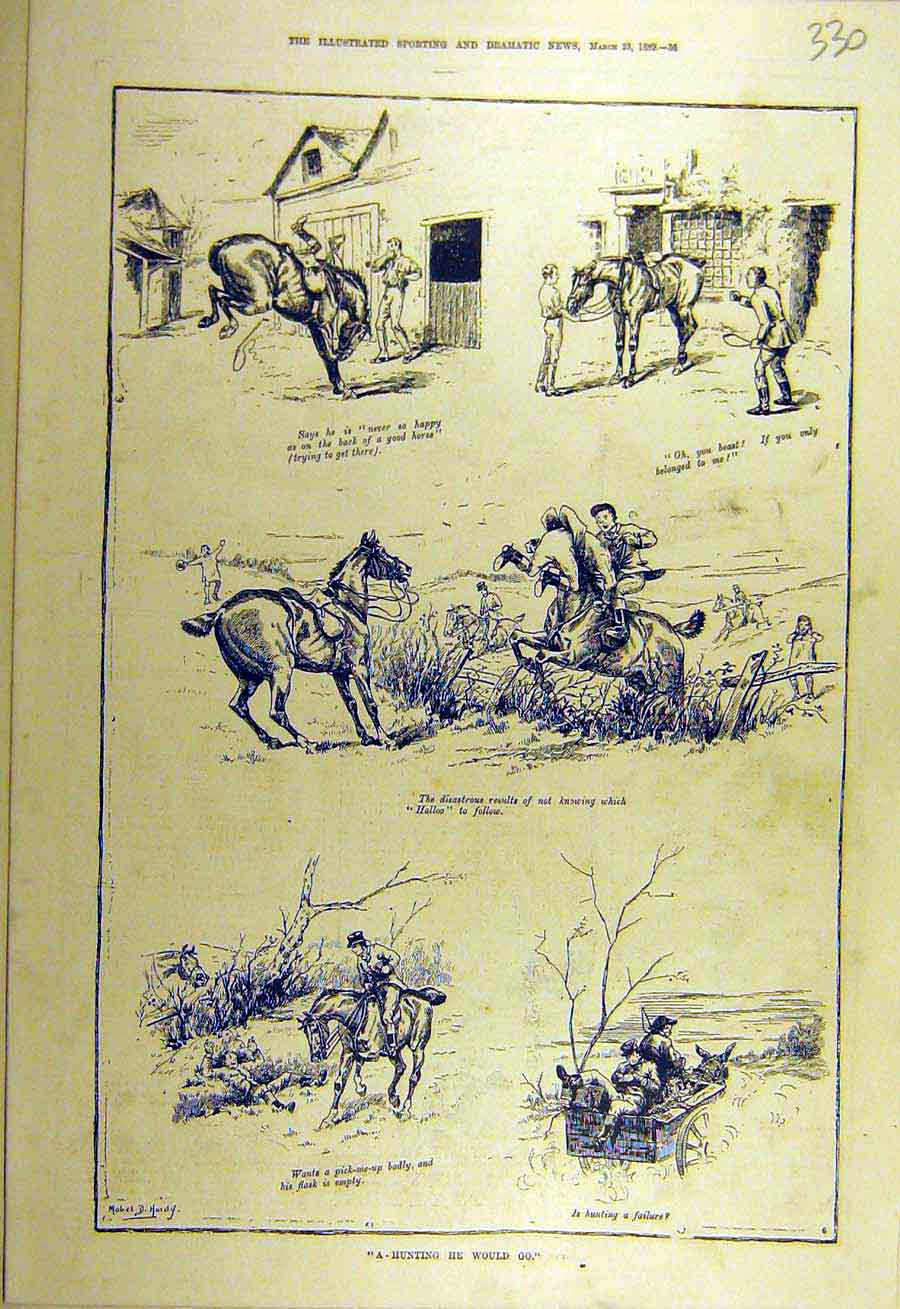 Original Old Antique Print 1889 Hunting Hunter Stables Hardy Sketches Rider 19th