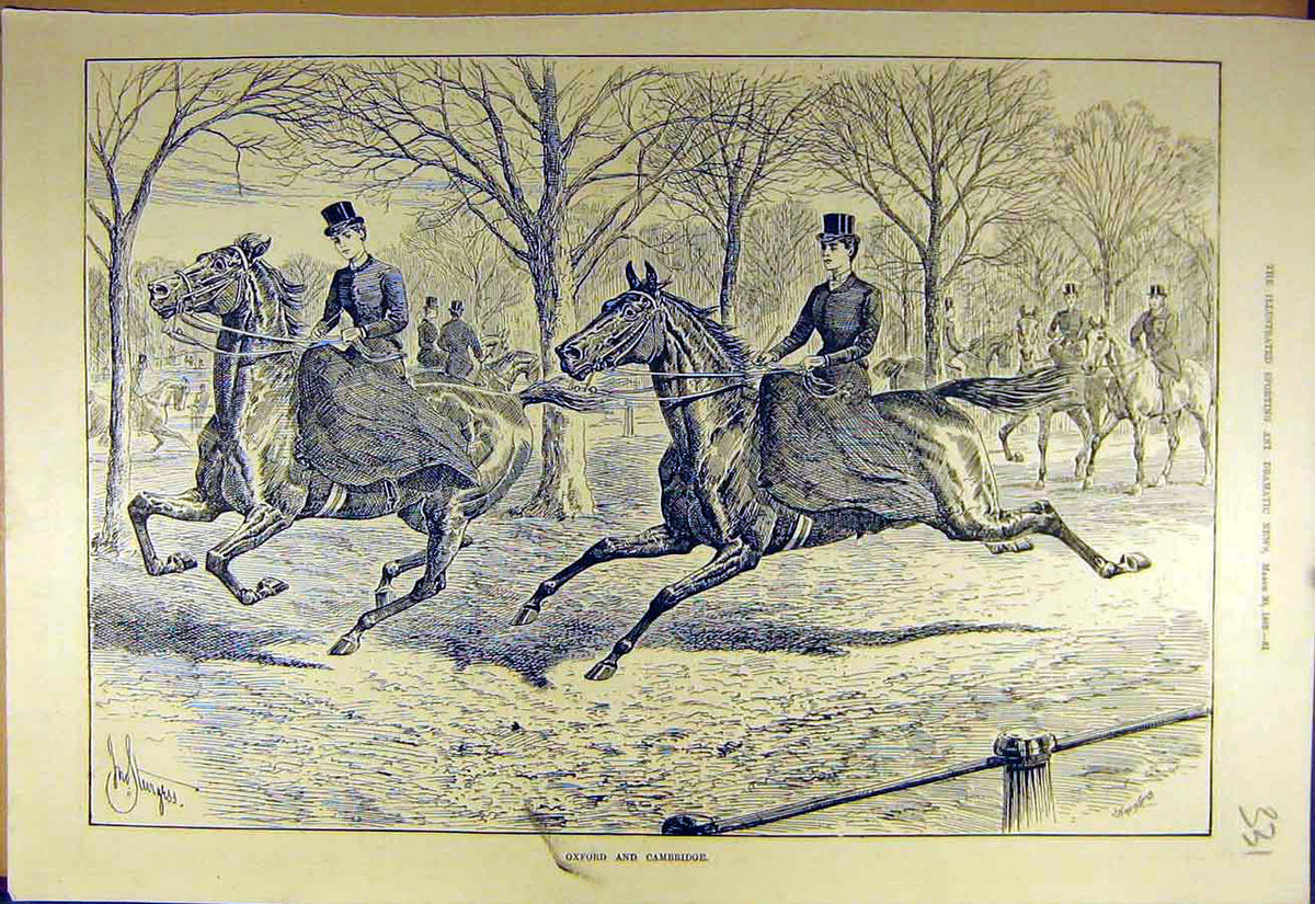Original Old Antique Print 1889 Oxford Cambridge Riders Horse-Race Women Ladies
