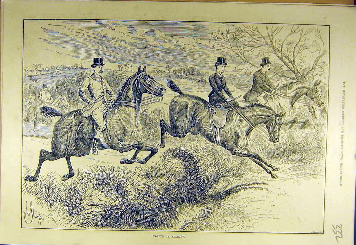Old Antique Print 1889 Flying-Abreast Hunters Riders Jumping Ladies Hunt 19th