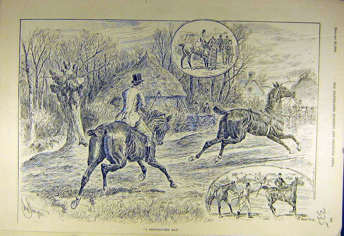 Original Old Antique Print 1892 Good-Natured Man Hunter Rider Horse Gate 19th