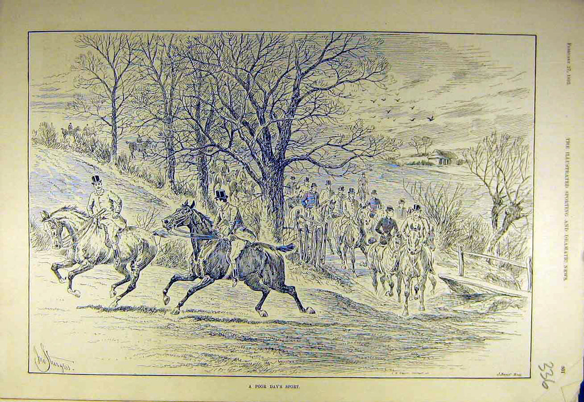 Original Old Antique Print 1892 Sport Hunters Hunting Riders Meet Sketch 19th