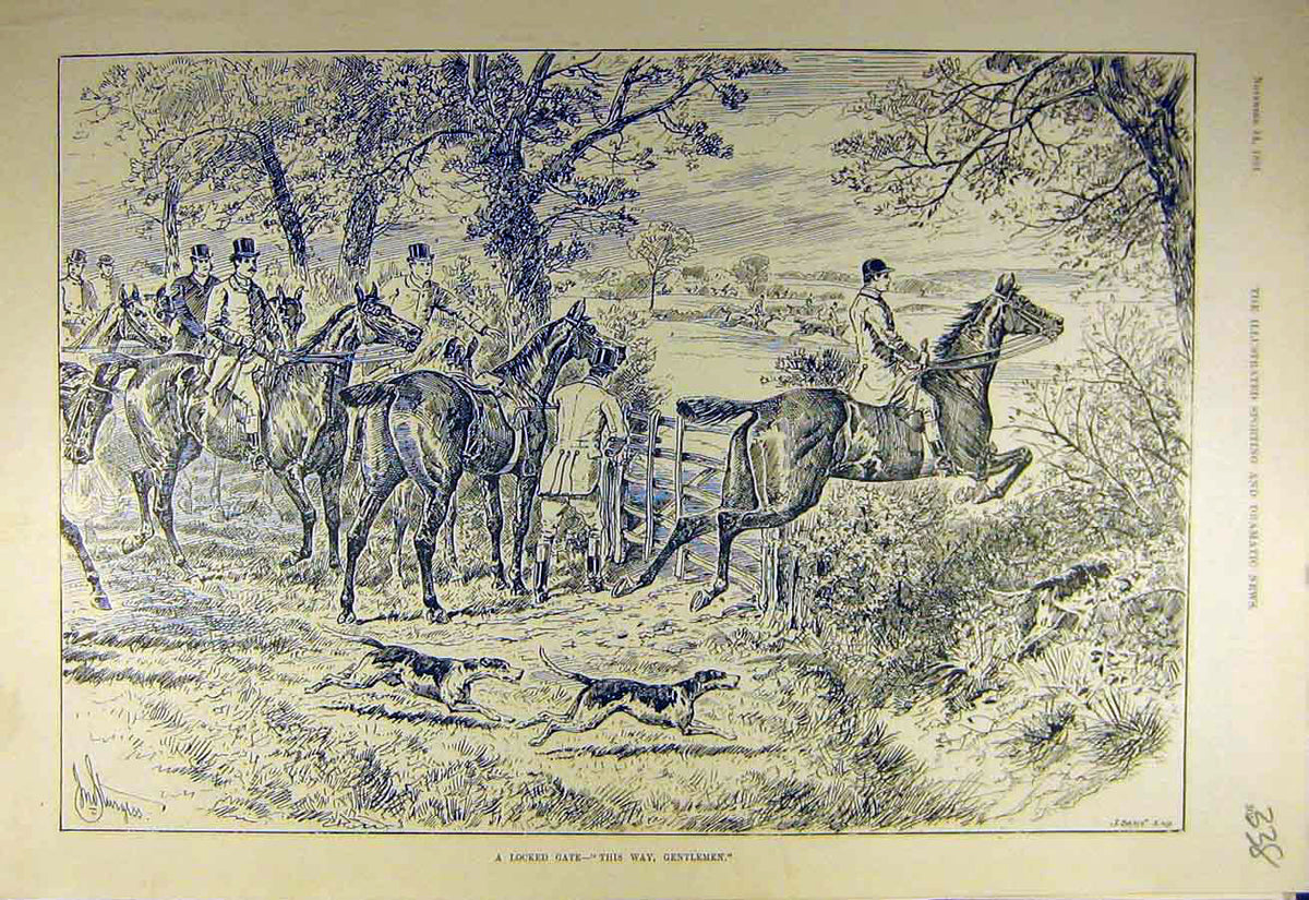 Old Antique Print 1891 Locked-Gate Gentlemen Hunter Fence Jump Hunt Hound 19th