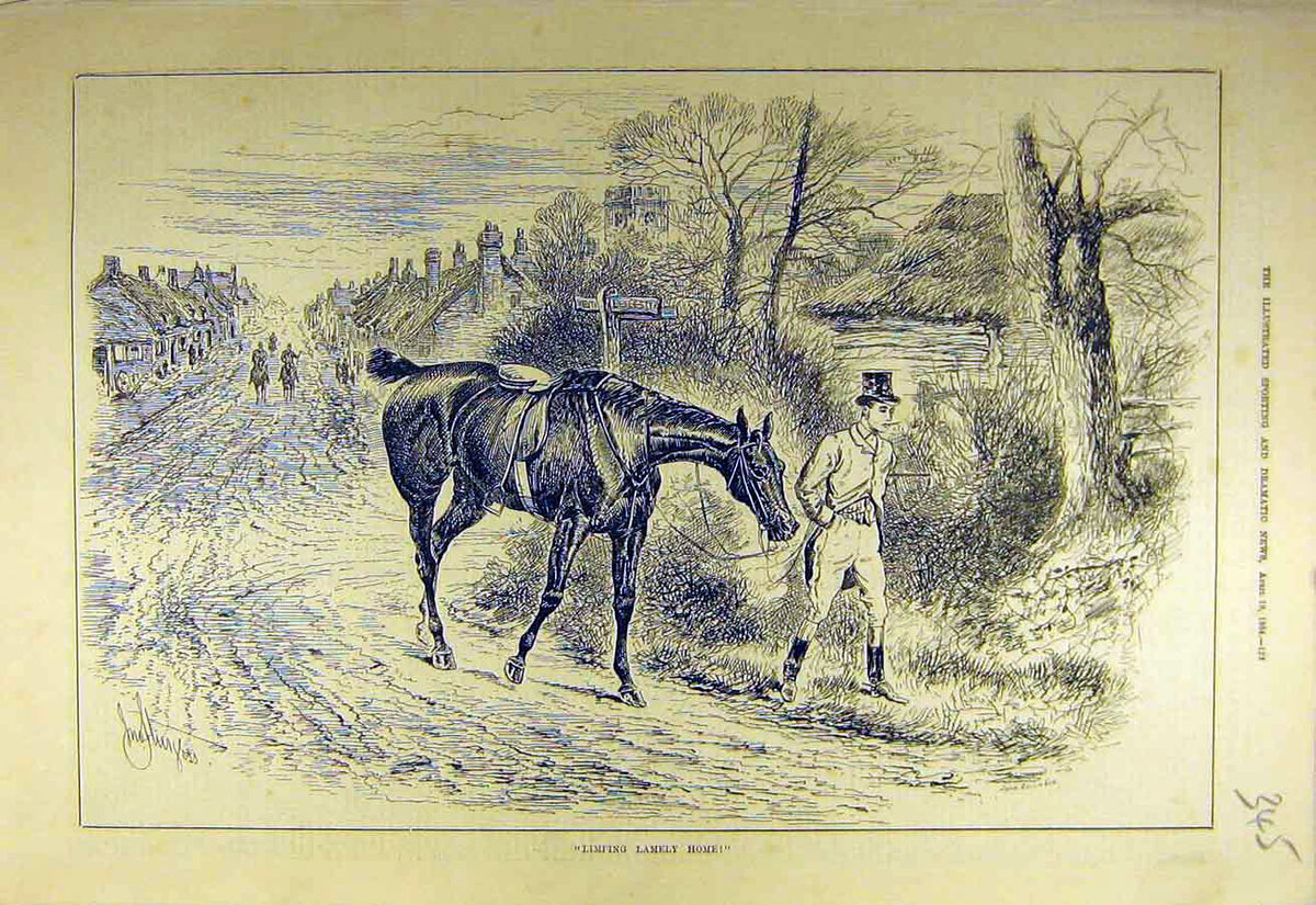 Original Old Antique Print 1884 Limping-Home Lame Horse Rider Hunter Hunt 19th