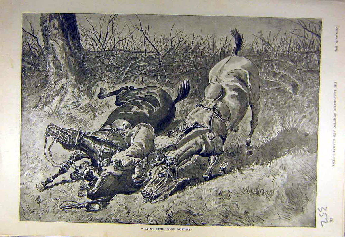 Original Old Antique Print 1892 Heads-Together Hunters Riders Horses Fall Sketch