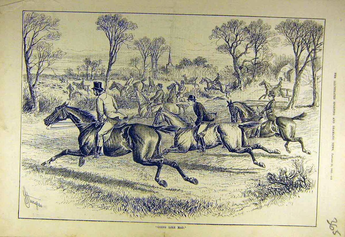 Original Old Antique Print 1880 Hunters Gallop Hounds Hunting Sketch Victorian
