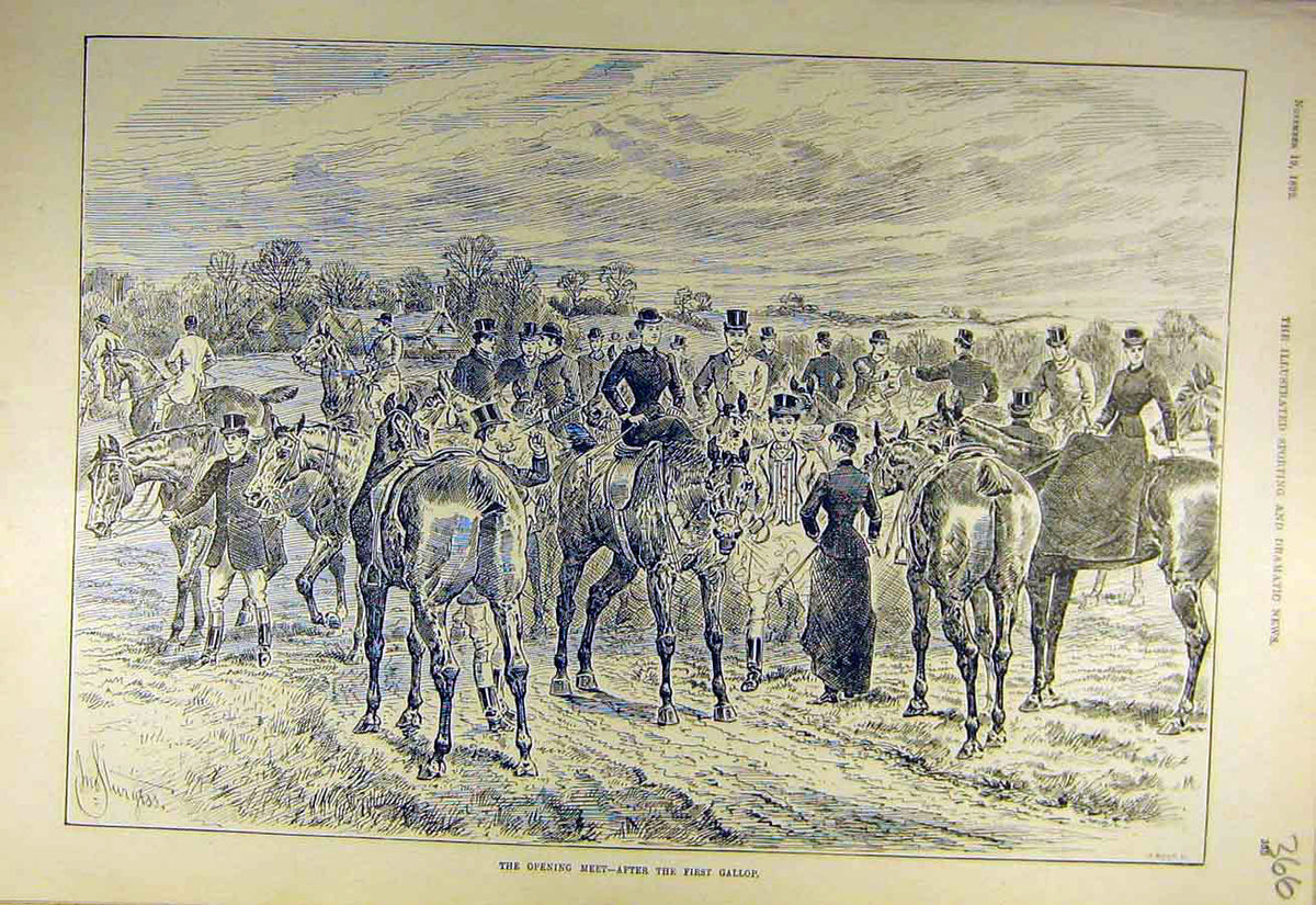 Original Old Antique Print 1892 Opening-Meet First-Gallop Hunters Riders Hunt