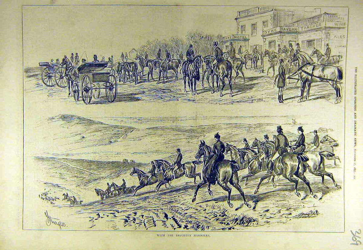 Original Old Antique Print 1877 Brighton Harriers Hunt Hunters Riders Victorian