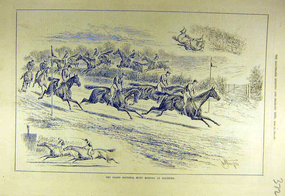 Original Old Antique Print 1884 Grand-National Hunt Meet Leicester Riders Horses