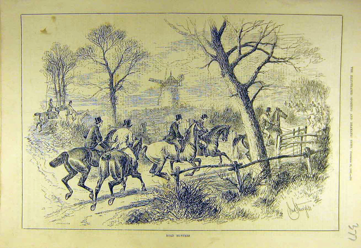 Original Old Antique Print 1882 Road-Hunters Horse Riders Hunting Meet Hunt 19th