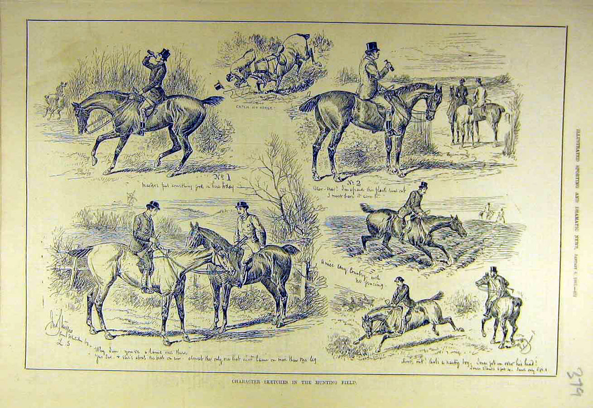 Original Old Antique Print 1883 Character-Sketches Hunting Field Hunters Hunt