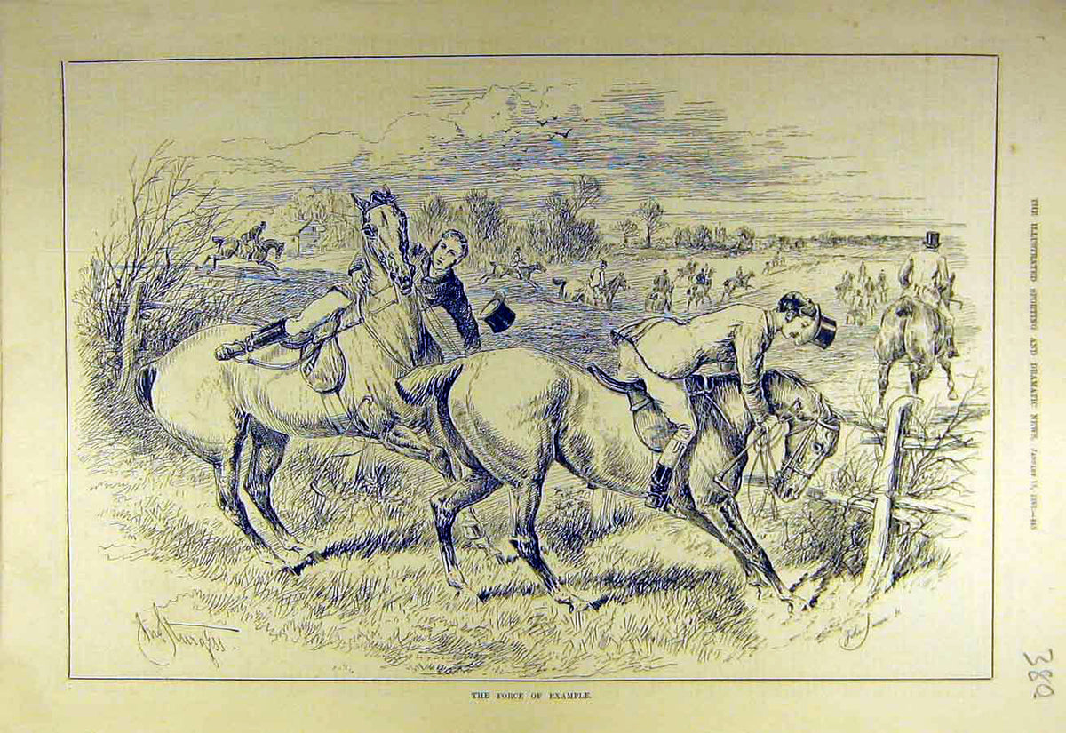 Original Old Antique Print 1883 Jump Force-Example Hunters Riders Fence Refusal