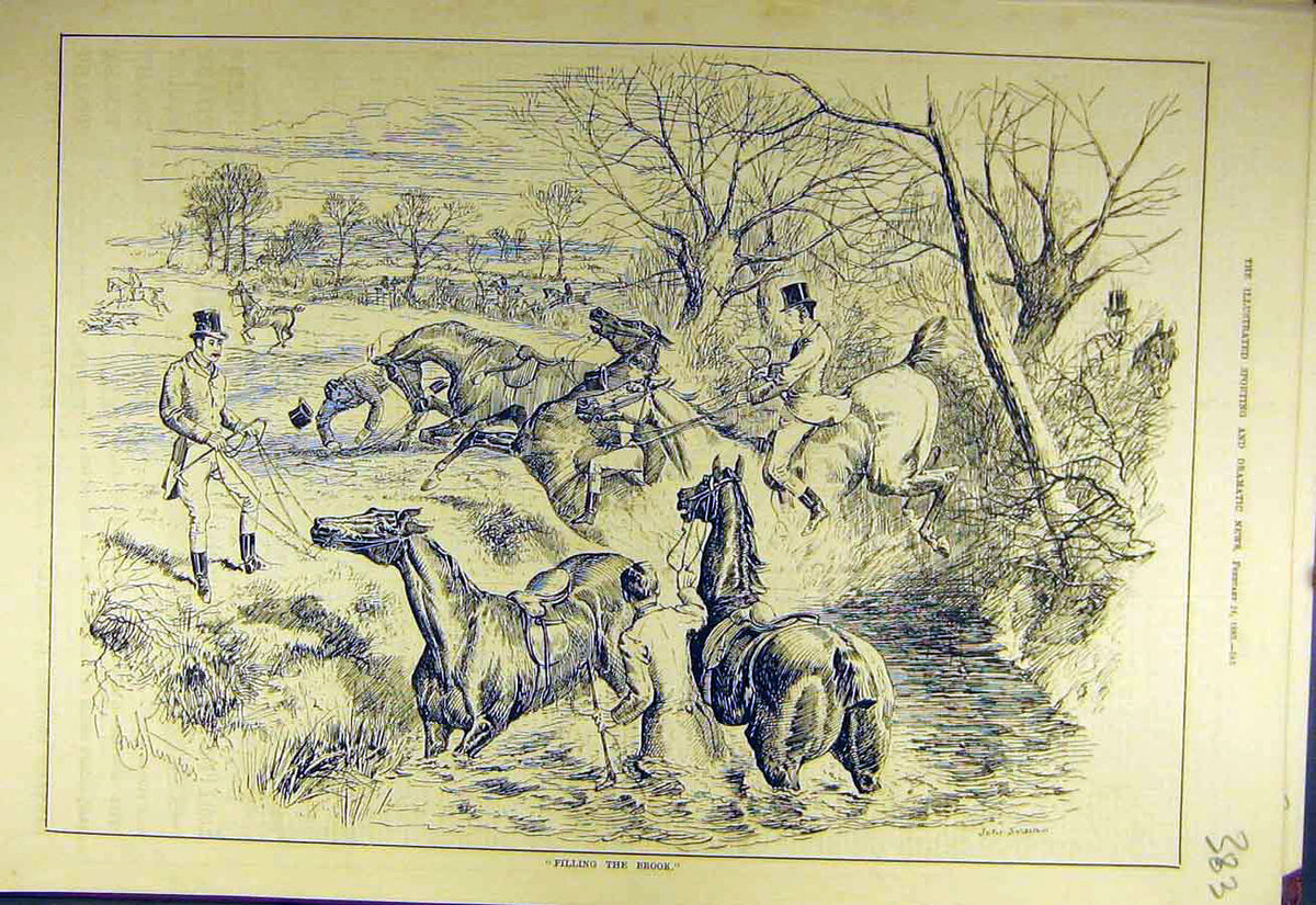 Original Old Antique Print 1883 Filling-Brook Horses Hunters Ditch Hunting 19th