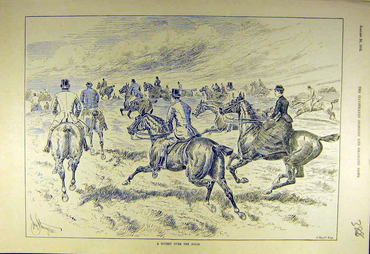 Original Old Antique Print 1892 Scurry Hunters Hunting Gallop Horses Riders Hunt