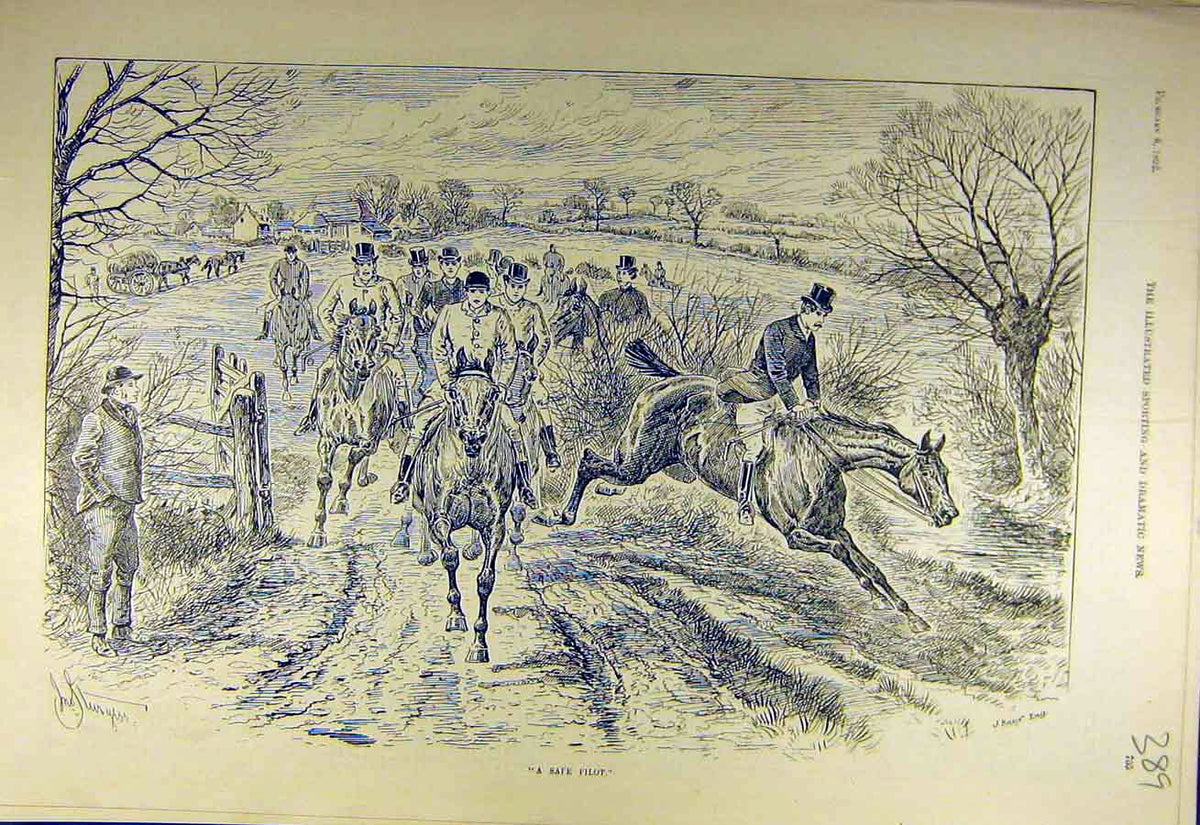 Original Old Antique Print 1892 Safe-Pilot Hunters Hunting Riders Gallop 19th