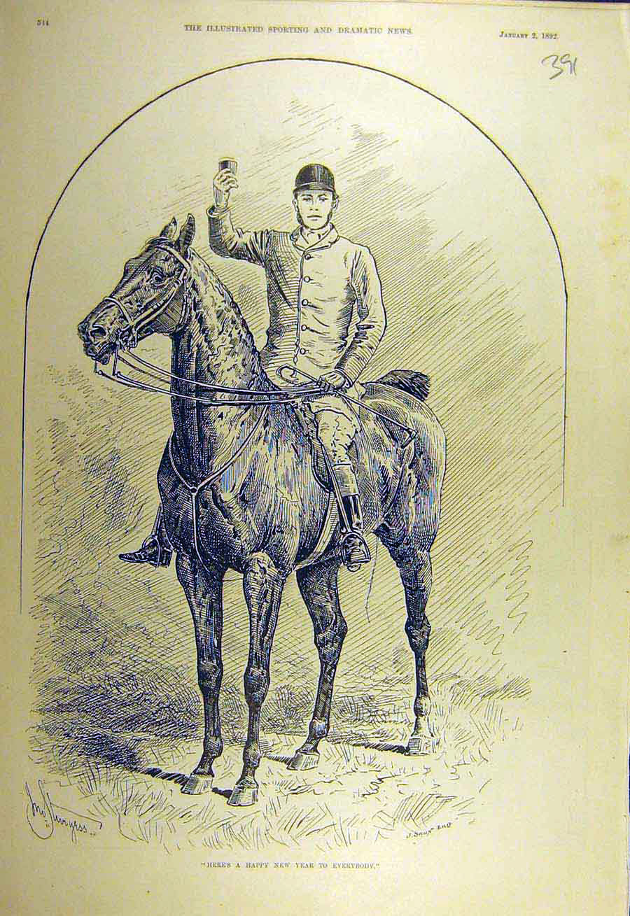 Original Old Antique Print 1892 Happy-New-Year Hunting Hunter Rider Hunt 19th