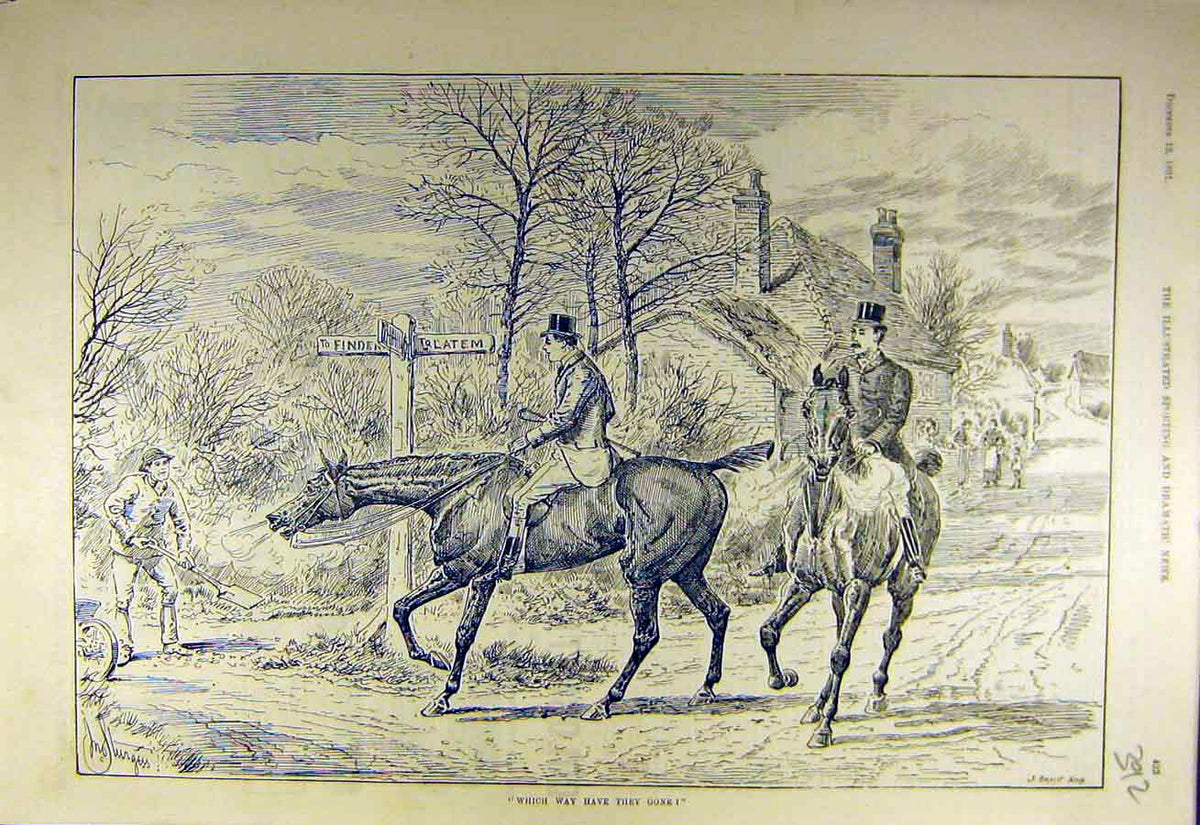 Original Old Antique Print 1891 Hunters Lost Horses Riders Hunt Hunting 19th
