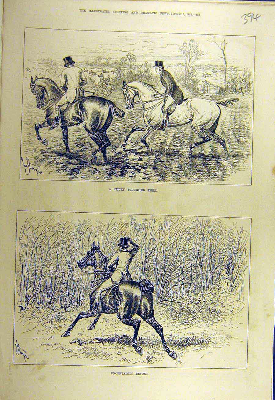 Original Old Antique Print 1881 Ploughed-Field Hunters Hunting Horses Riders