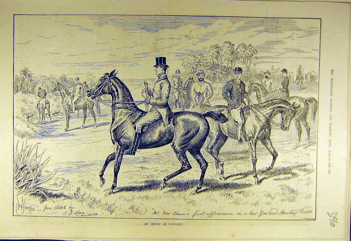 Original Old Antique Print 1889 Zealand Hunting Field Horses Riders Hunters 19th