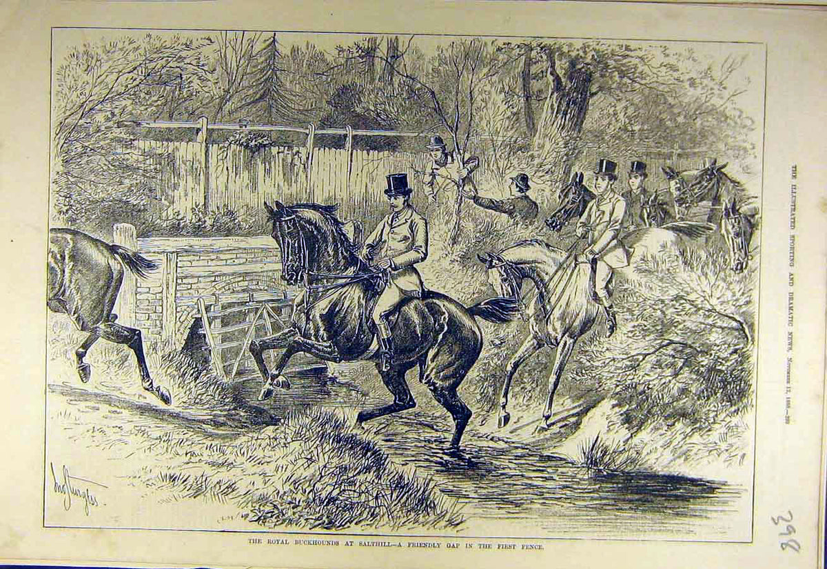 Old Antique Print 1880 Royal Buckhounds Salthill Fence River Hunters Hunt 19th