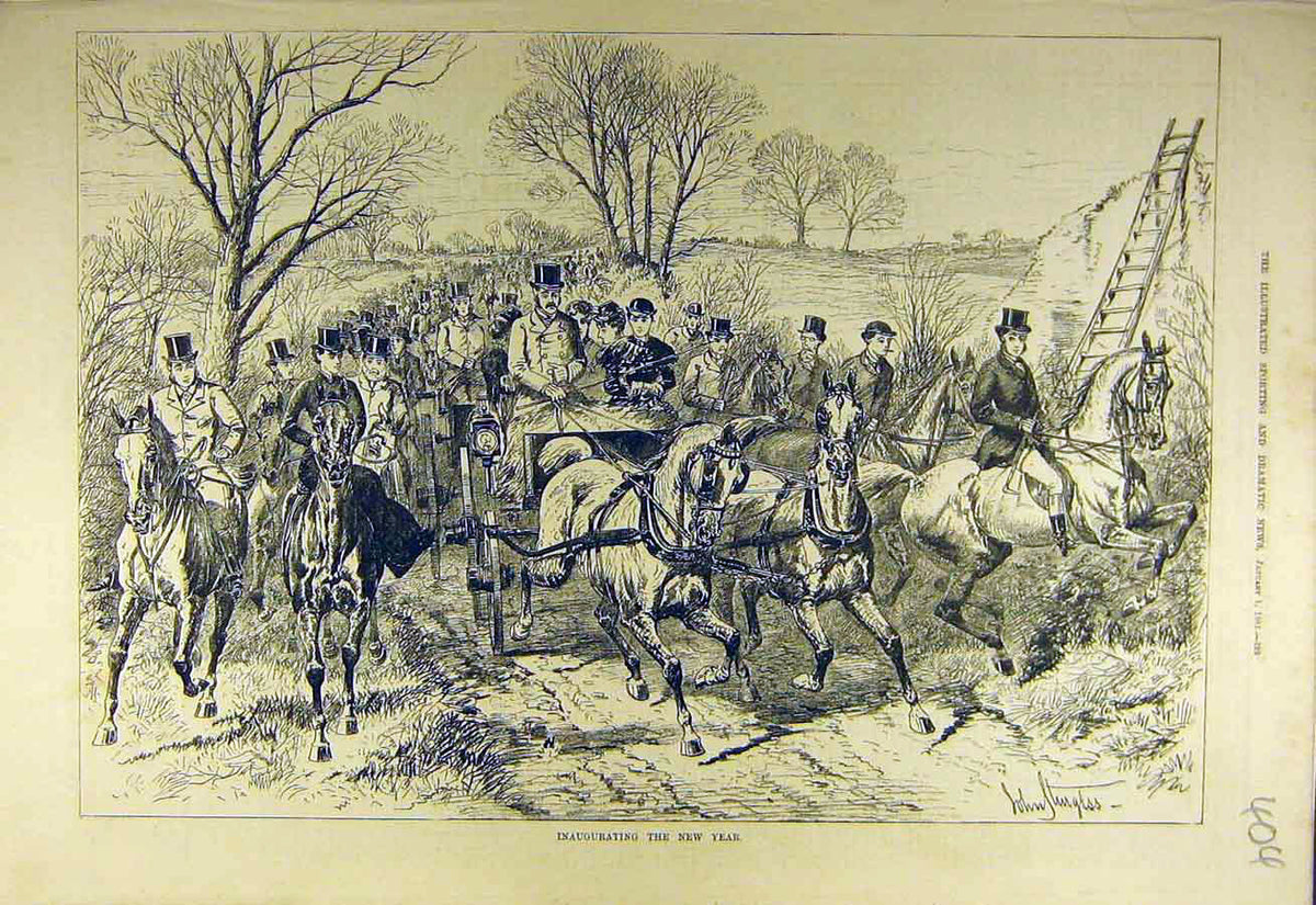 Original Old Antique Print 1881 New-Year Hunt Hunters Carriage Hunting Victorian