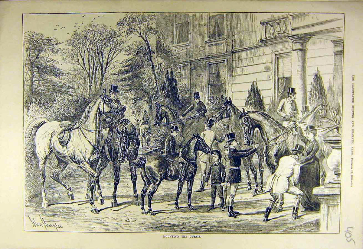 Original Old Antique Print 1880 Mounting Guests Hunters Hunting Hunt Victorian