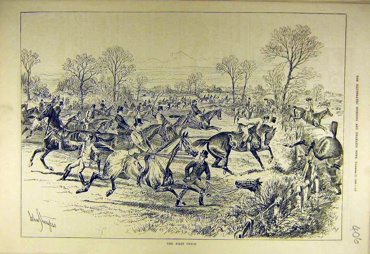 Original Old Antique Print 1880 First-Fence Hunting Horses Riders Hunters 19th