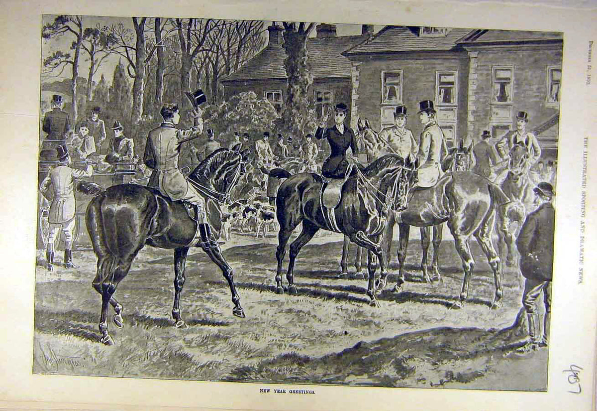 Original Old Antique Print 1892 New Year Greetings Hunters Meet Hunting 19th
