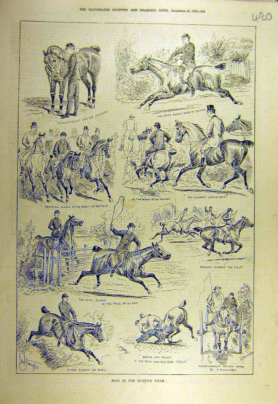 Original Old Antique Print 1886 Boys Hunting-Field Hunters Sketches Victorian