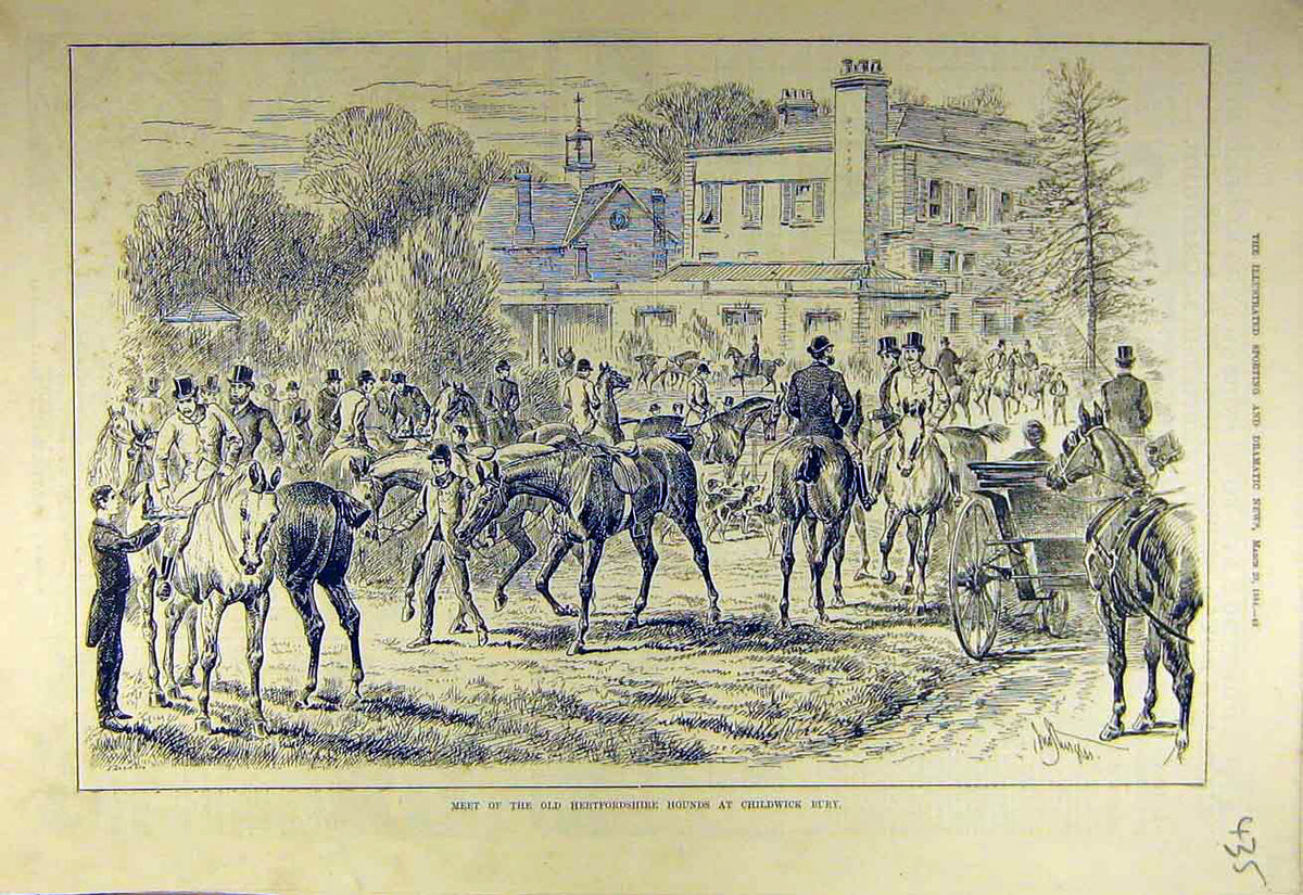 Original Old Antique Print 1884 Meet Hertfordshire Hounds Childwick Bury Hunting