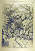 Original Old Antique Print 1886 Hunters Hounds Hunting Forest Woods Riders 19th