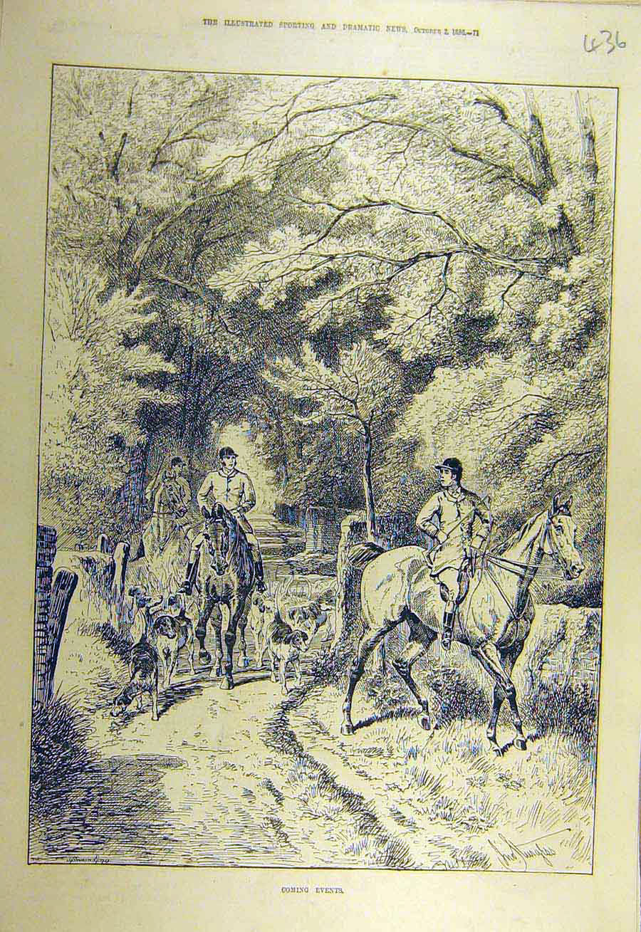 Original Old Antique Print 1886 Hunters Hounds Hunting Forest Woods Riders 19th
