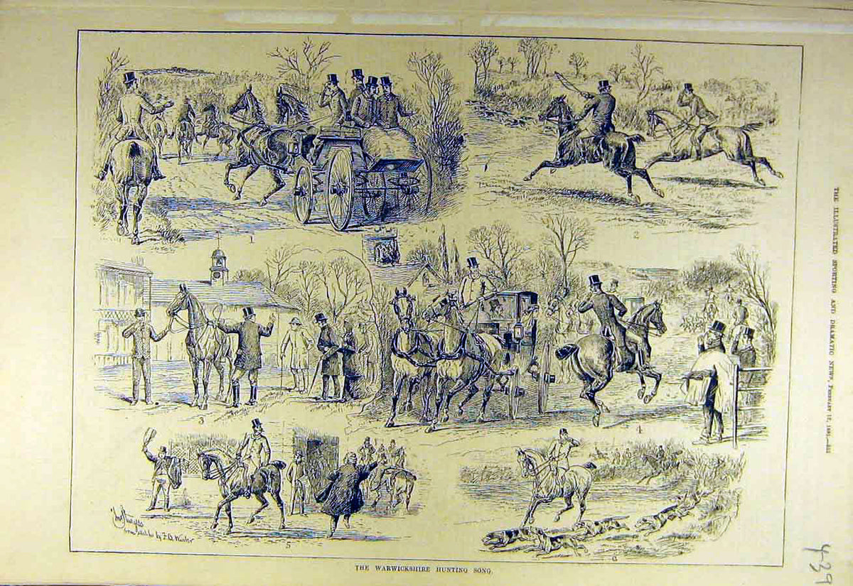 Original Old Antique Print 1881 Warwickshire Hunting Song Sketches Hunters Hunt