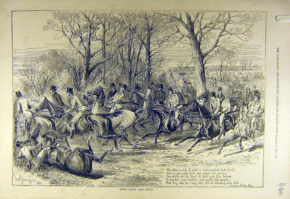 Original Old Antique Print 1880 Haste-Speed Hunters Hunting Riders Hunt 19th