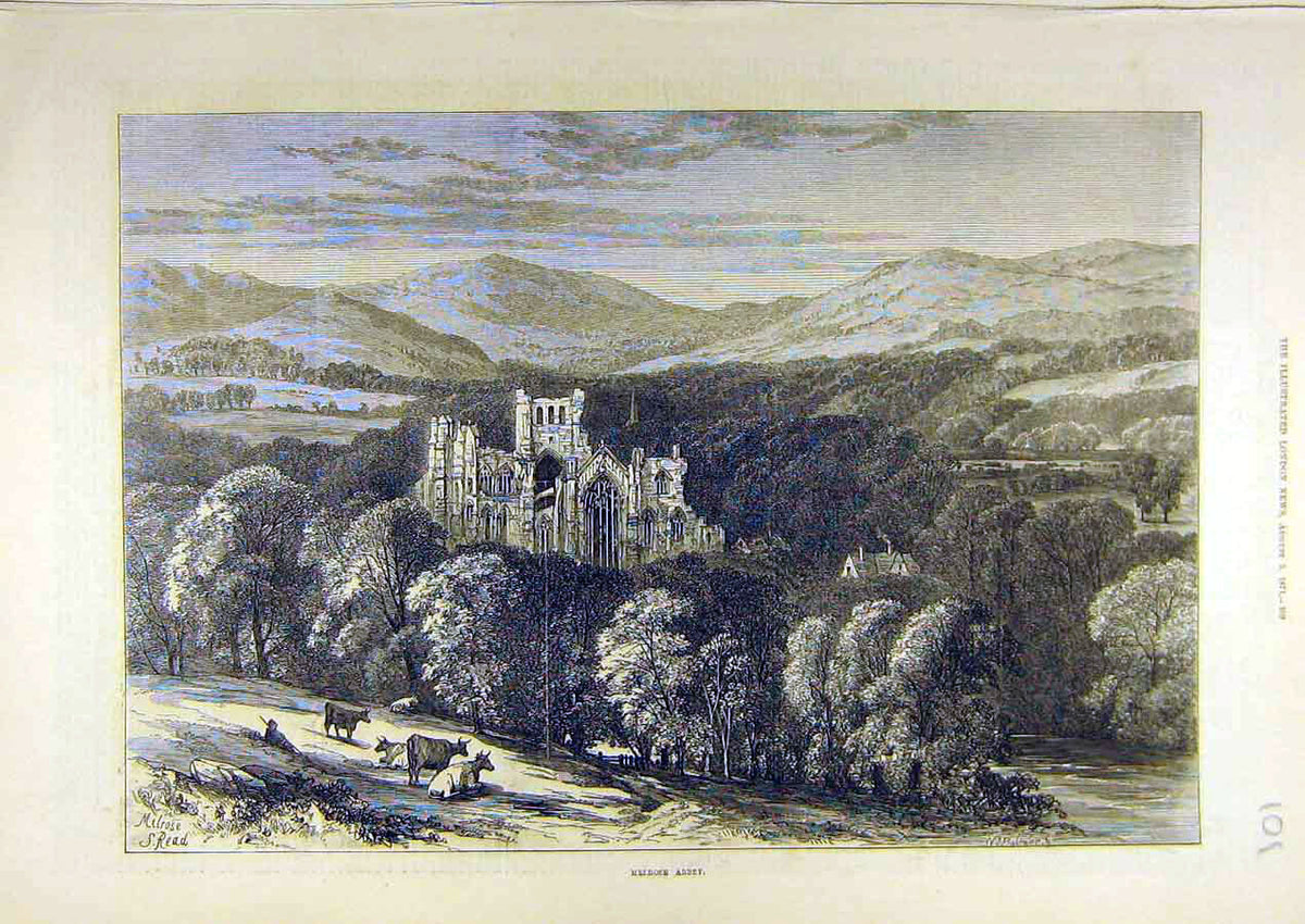 Original Old Antique Print 1871 Melrose Abbey Building Scotland Scottish 19th