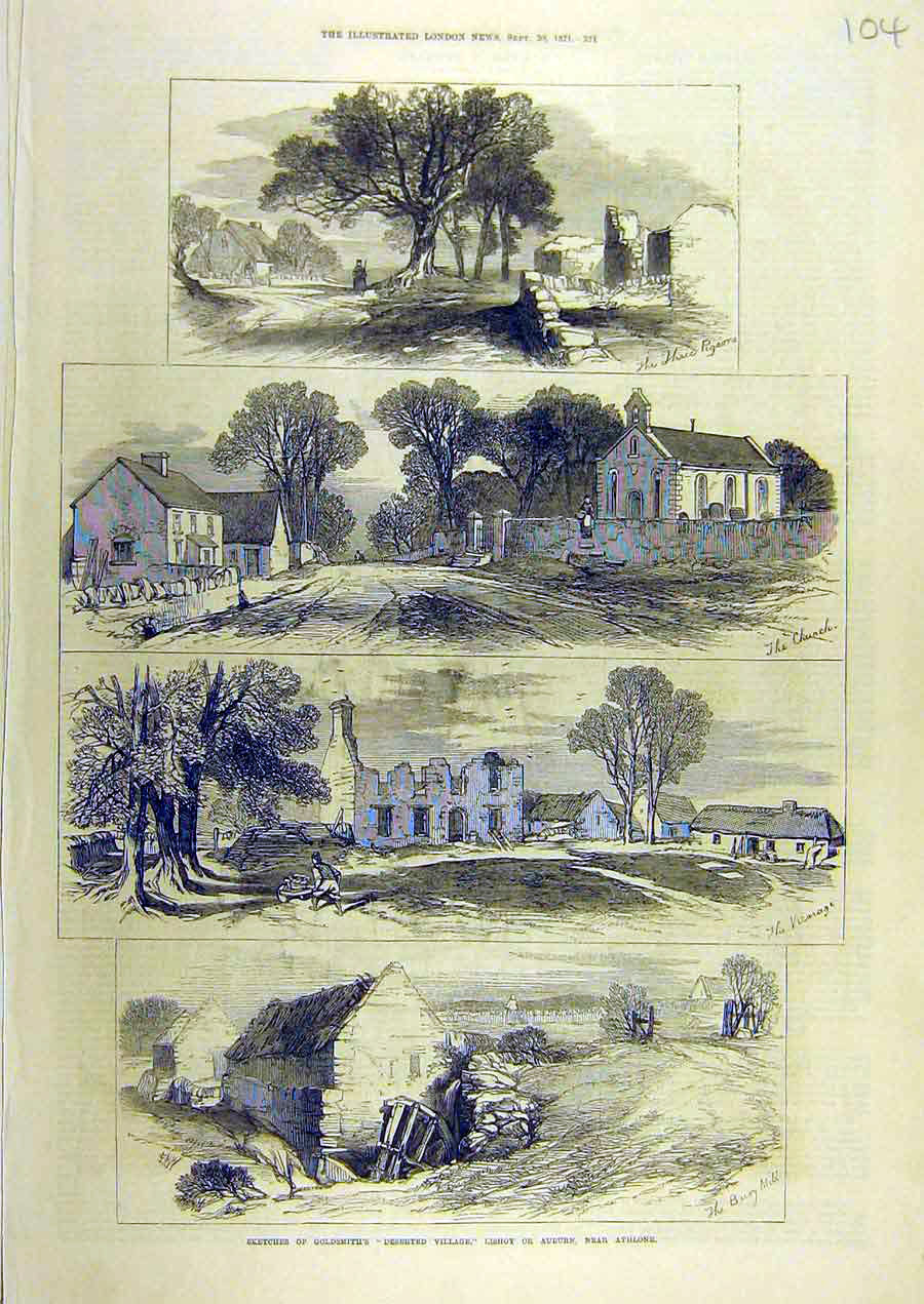 Original Old Antique Print 1871 Sketch Gsmith Deserted-Village Lishoy Athlone