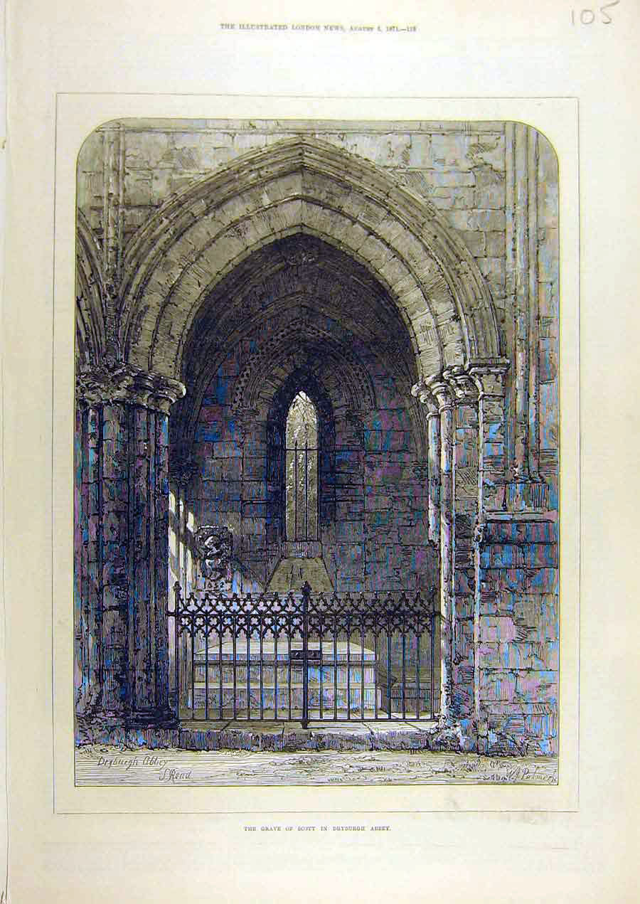 Original Old Antique Print Ref.174 1871 Grave Scott Dryburgh Abbey Building