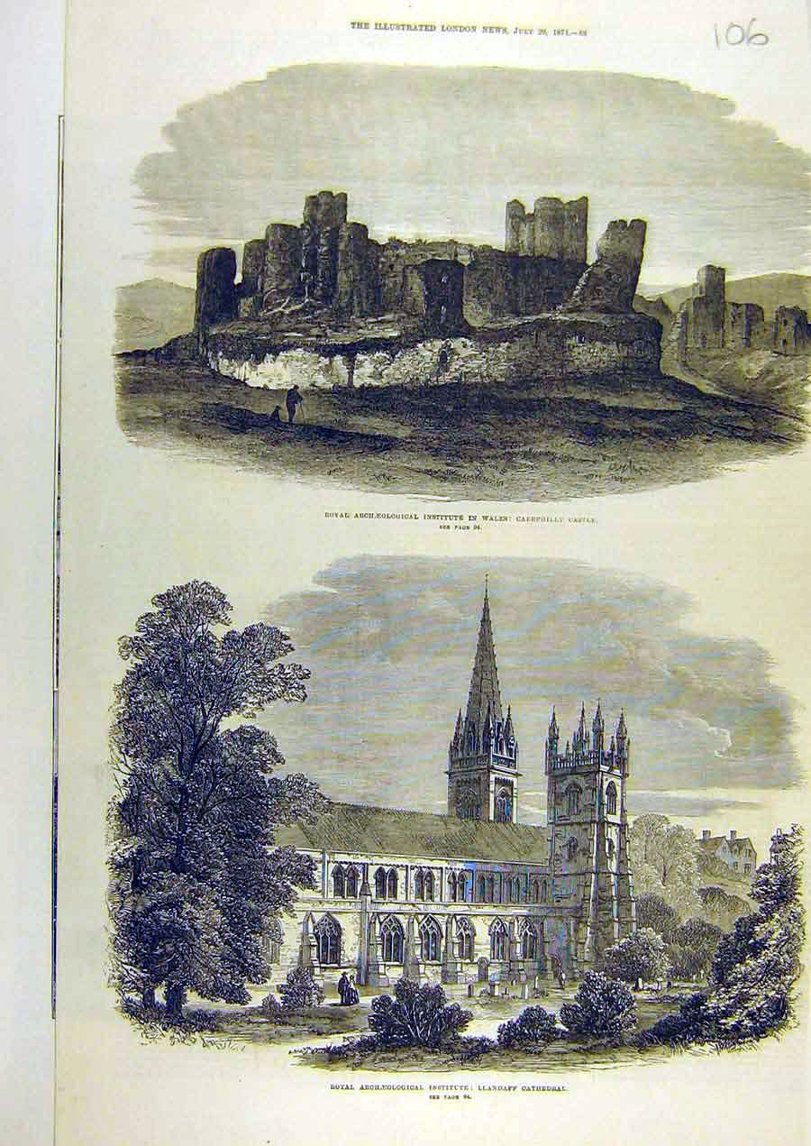 Original Old Antique Print 1871 Wales Caerphilly Castle Llandaff Cathedral 19th