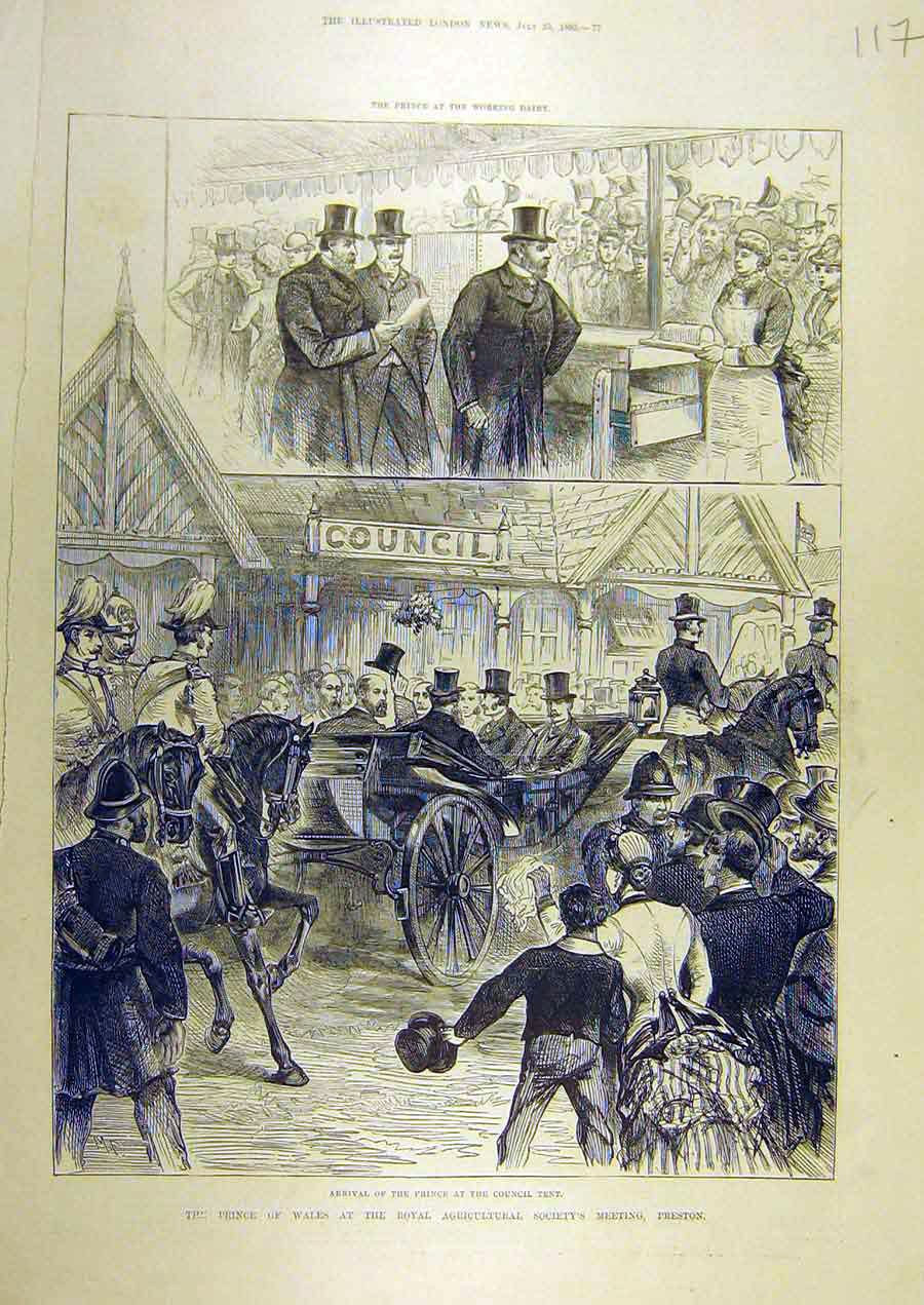 Original Old Antique Print 1885 Prince Wales Royal Agricultural Society Preston