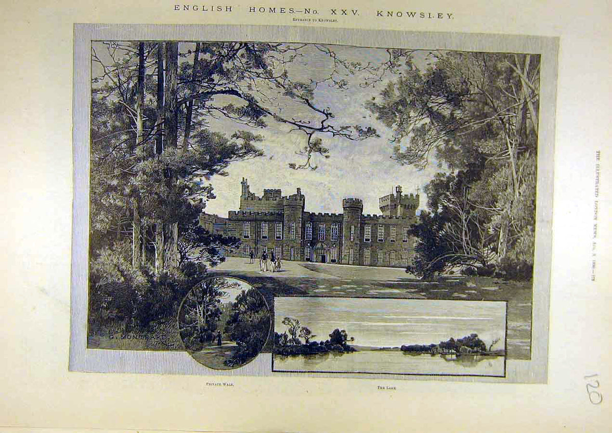 Original Old Antique Print 1890 Knowsley Building English Homes Lake Montbard