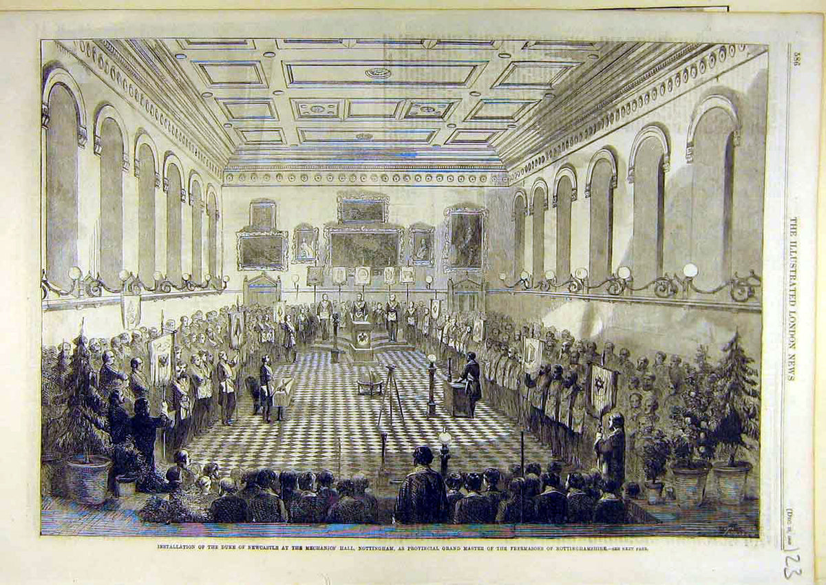 Original Old Antique Print 1860 Duke Newcastle Mechanic'S Hall Nottingham 19th