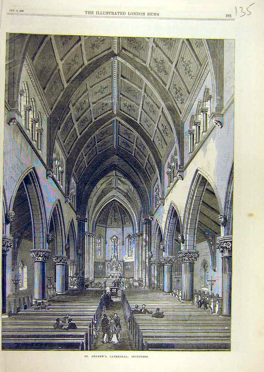 Old Antique Print 1869 St. Andrew'S Cathedral Inverness Building Scotland 19th