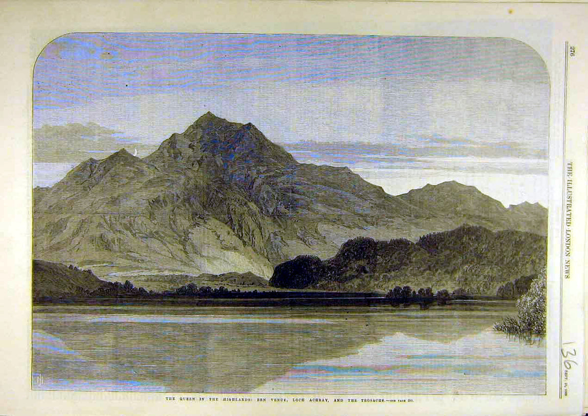Original Old Antique Print 1869 Queen Highlands Ben Venue Loch Achray Trosachs