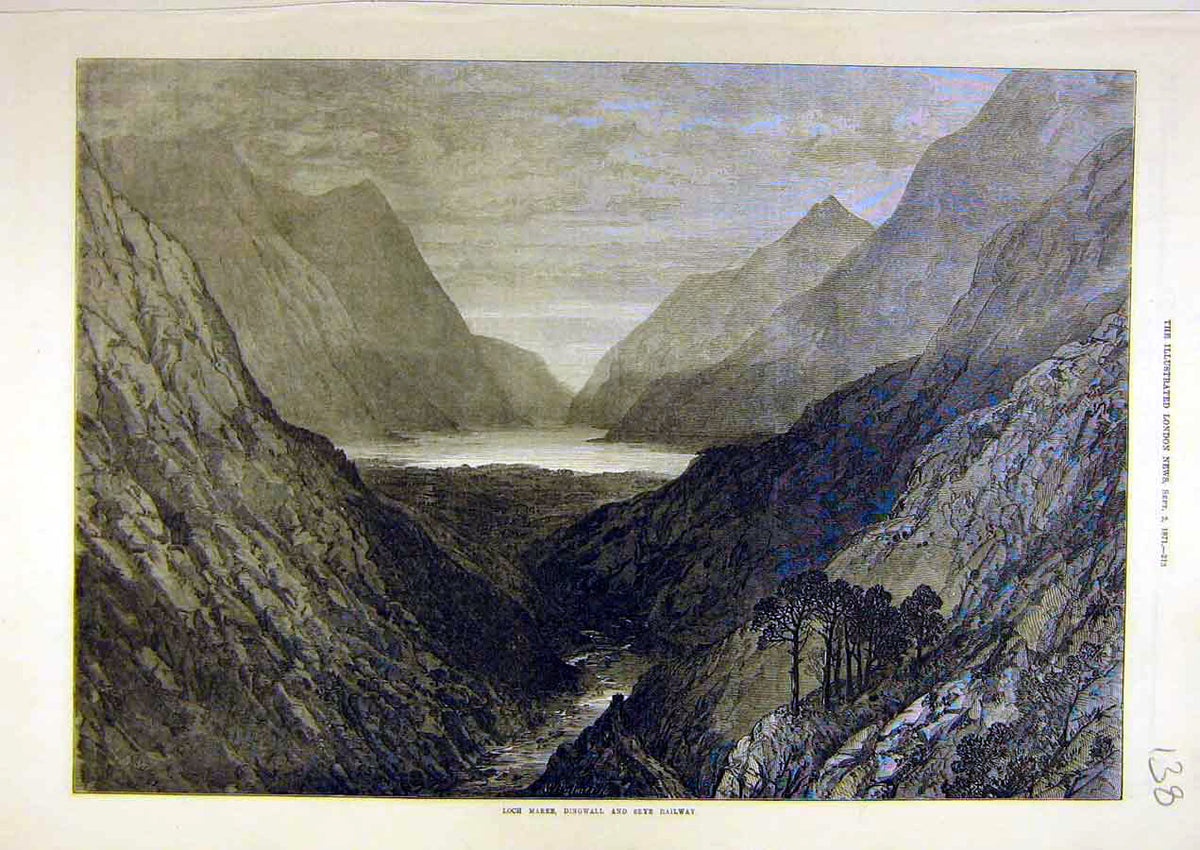 Original Old Antique Print 1871 Loch-Maree Dingwall Skye Railway View Sketch