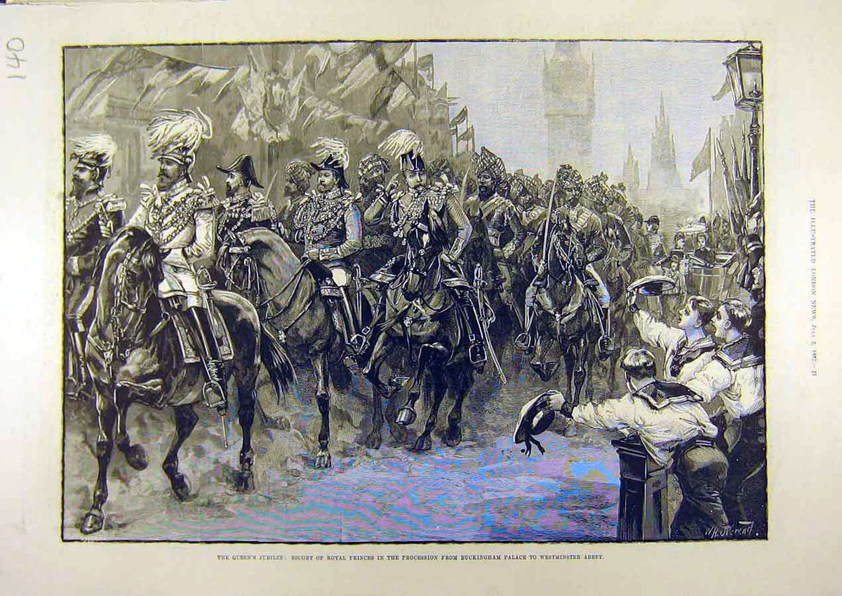 Original Old Antique Print 1887 Royal Prince Procession Queen Jubilee London