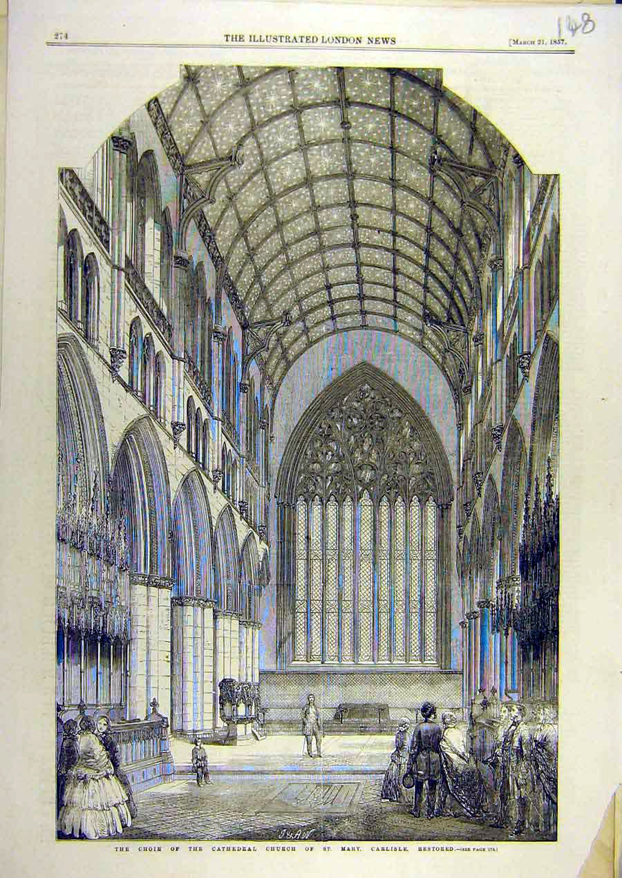 Old Antique Print 1857 Choir Cathedral Church St. Mary Carlisle Building 19th