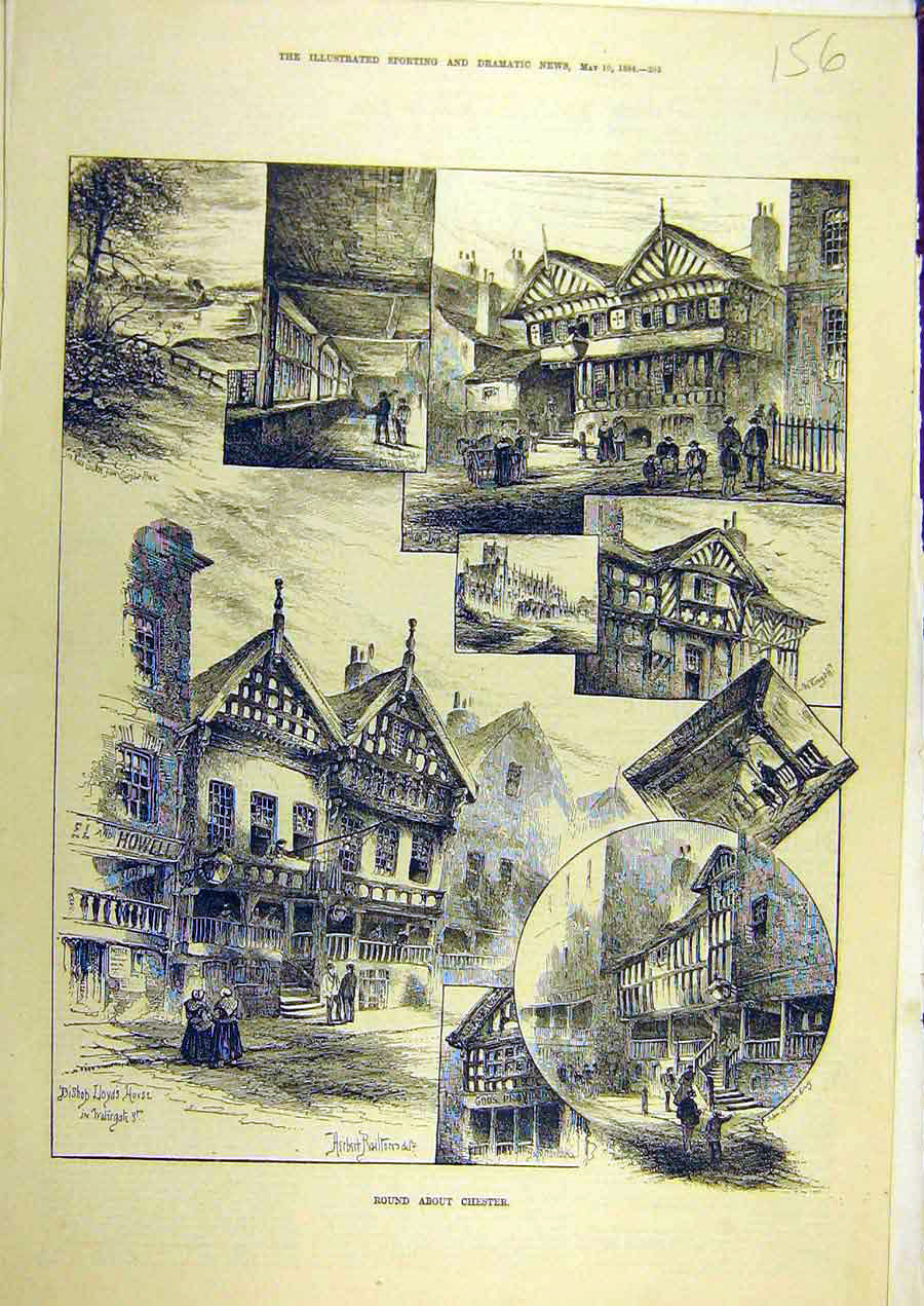 Original Old Antique Print 1884 Chester Sketches Building Street Social History